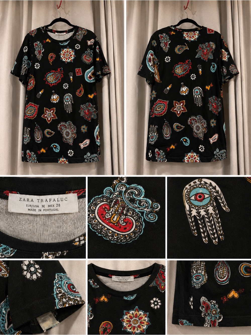 Zara Black Paisley & Hamsa Print Midi Dress with Multicolor Accents - Picture 1 of 1